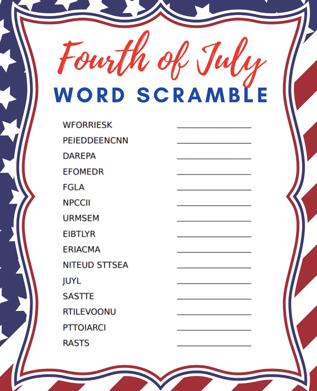 Fourth Of July Word Scramble 2022